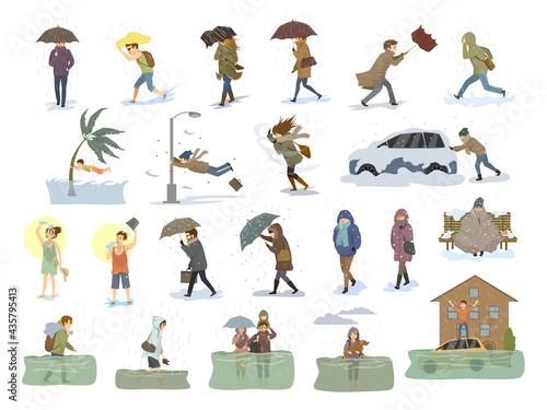 collection of people coping with bad severe meteorological weather conditions disasters like extreme heat and cold, hurricane, strong wind snow hail rain storm, tsunami, flood graphic