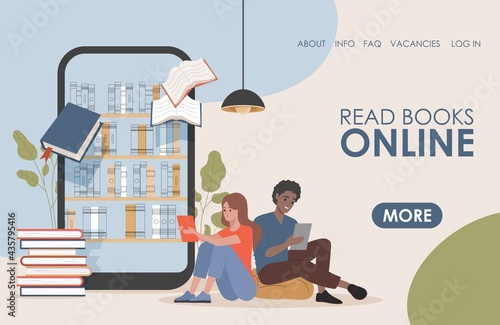 Read book online vector flat landing page template. Young happy man and woman reading electronic books, sitting near big display with book shelves. Online education, library for reading concept.