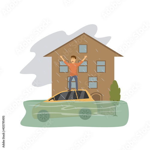 Flooded house, man asking for help standing on the roof of a sinking car, natural disaster concept graphic