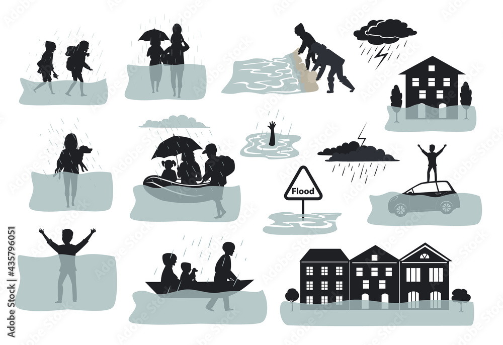 flood infographic silhouette elements. flooded houses, city, car, people  escape from floodwaters leaving houses, homes, rescue families animals,  building sandbag barrier for protection, signs, symbols Stock Vector |  Adobe Stock