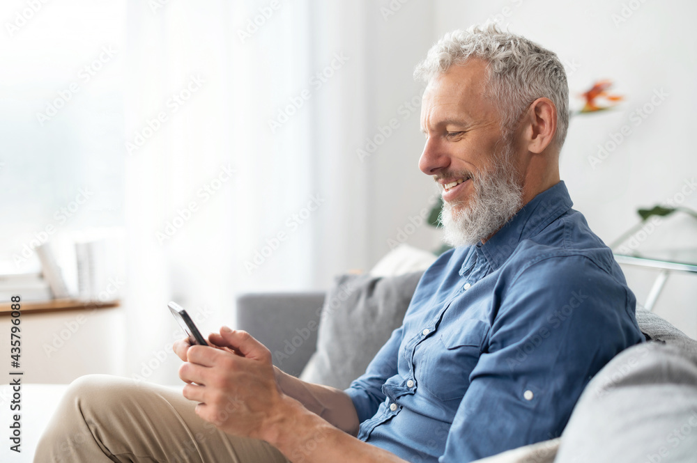 Grey-haired middle aged hipster man in casual shirt using smartphone sitting on the sofa at home, mature guy enjoys online chatting, spends time in social networks, looks at the phone and smiles - obrazy, fototapety, plakaty 