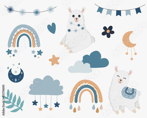 Vector  boho clipart for nursery decoration with cute rainbows, moon, alpaca, llama, cloud, stars. Modern illustration. Perfect for baby shower, birthday, children's party.