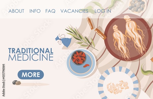 Traditional medicine vector flat landing page template with text space. Plates with different roots, herbs, and seeds. Homeopathy therapies, traditional naturopathic medicine website design.