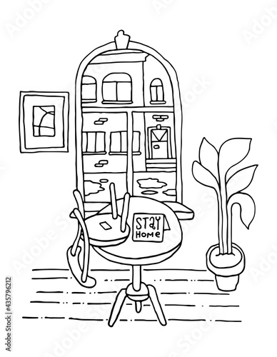 Cafe interior in Doodle style. Table and chairs by the window. The cafe is closed, stay home. Indoor plant. Vector EPS 10
