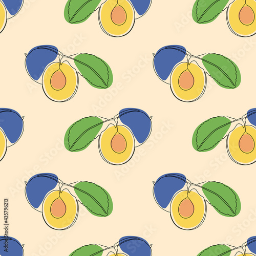 Seamless pattern with plum on beige background. Continuous one line drawing plum. Black line art on beige background with colorful spots. Vegan concept