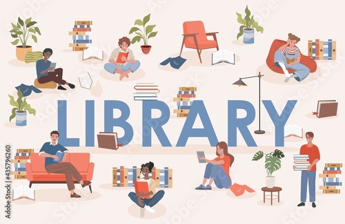 Library word vector flat poster design with text space. Happy smiling people sitting in comfortable poses and studying, working, and reading books. Men and women learning, reading literature.