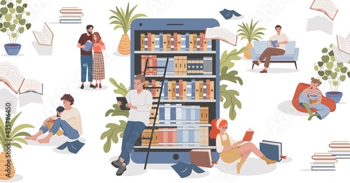 Online library vector flat illustration. People sitting in comfortable poses and preparing for examinations, studying, working, and reading books. Online education, teaching concept.