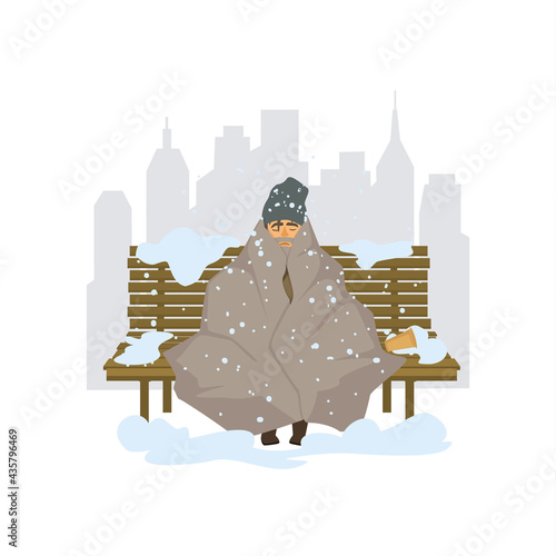 homeless man freezing outside in the city park graphic