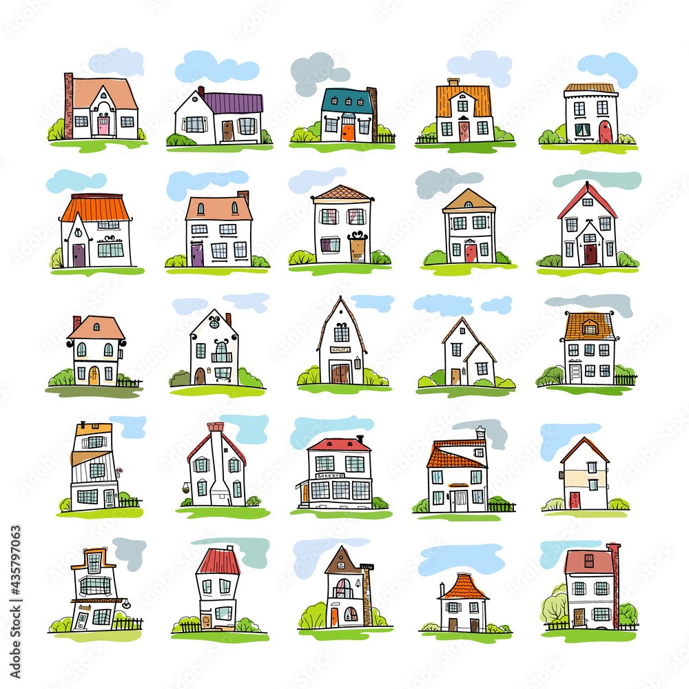 Set Sketch of hand-drawn house, detached, single family houses with trees. Doodle cartoon vector illustration of Home Sweet Home. House Exterior. 
