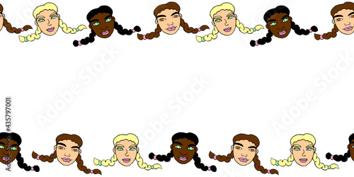 Frame, background, seamless pattern of cartoon faces of children, girls with pigtails. Hand drawn vector horizontal top and bottom edging, border, trim. Symbol of friendship and equality
