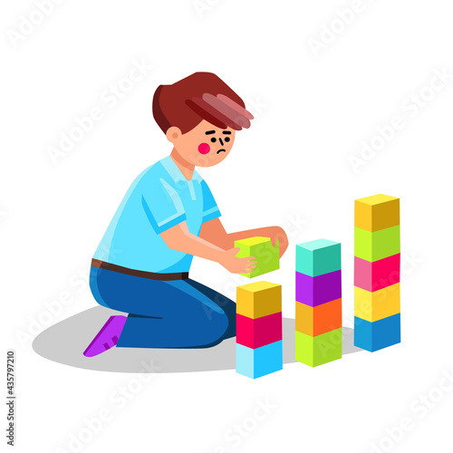 Autism Child Playing Alone With Cubes Toys Vector. Preteen Boy With Autism Spectrum Disorder Play With Building Blocks. Character With Health Problem Leisure Time Flat Cartoon Illustration