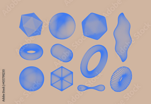 Crystal, sphere, torus and wave consisting of small particles. Objects with dots. Molecular grid. 3d vector illustration. Futuristic connection structure for education and science.