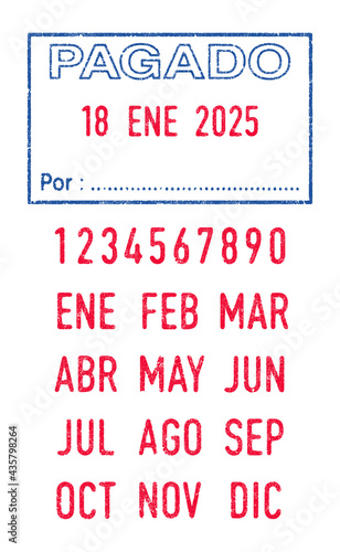 Vector illustration of the Spanish words Pagado (Paid) and Por (By) in blue ink stamp and editable dates (day, month and year) in red ink stamps