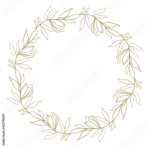 Gold round frame with flowers and leaves. Circular template for design. Plant botanical elements. Hand drawing.