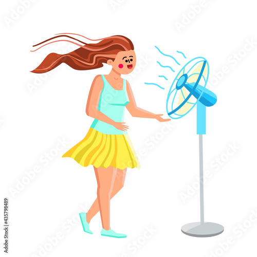 Fan Air Device Cool Enjoying Young Woman Vector. Fan Air Gadget Cooling Enjoy Girl With Floating Hair. Happy Smiling Character Relax Wind From Ventilator In Hot Weather Day Flat Cartoon Illustration