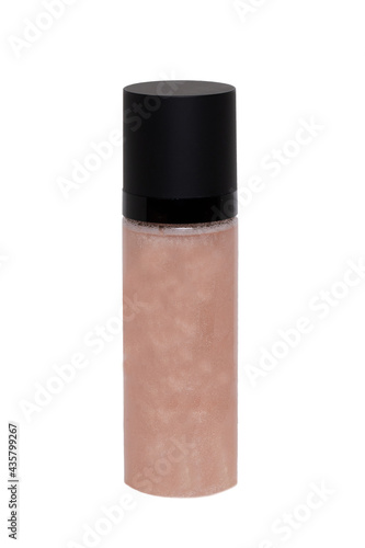 Cosmetic serum isolated. Close-up of a glass bottle with a black cap filled with pink beauty serum for face isolated on a white background. Concept beauty. Macro photograph.