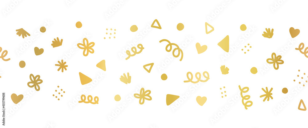 Seamless border with golden decorative party sprinkle scribble doodle shapes. Repeating horizontal banner vector pattern metallic gold foil. For footer, divider, ribbon, trim, party decor, birthdays Seamless border with golden decorative party sprinkle scribble doodle shapes. Repeating horizontal banner vector pattern metallic gold foil. For footer, divider, ribbon, trim, party decor, birthdays