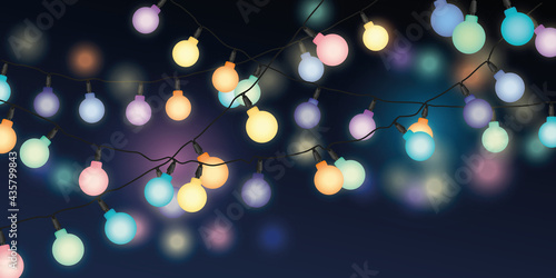 Color String lights illustration on a night background - Festive celebration, party, birthday design
