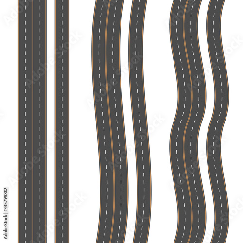 Road or highway set. Top view. Straight and winding seamless asphalt roads. Vector illustration.