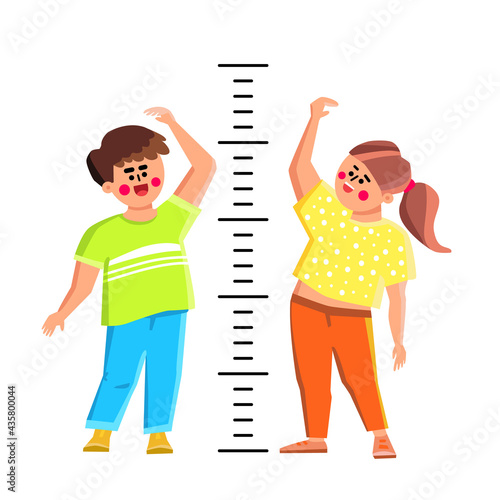 Kids Measuring Height With Measure Scale Vector. Smiling Boy And Girl Children Measuring Growth With Measurement Ruler. Characters Brother And Sister Or Friends Flat Cartoon Illustration