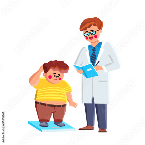 Obese Child Boy Consulting With Doctor Vector. Obese Child Staying On Weight Scale And Medical Worker Examining Little Patient Health. Characters Kid And Medicine Worker Man Flat Cartoon Illustration