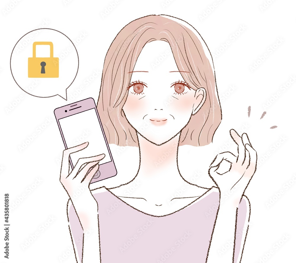 セキュリティ対策がされたスマホを持つ中年女性