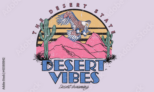 Desert vibes with eagle t-shirt design. Eagle flaying over desert graphic design.