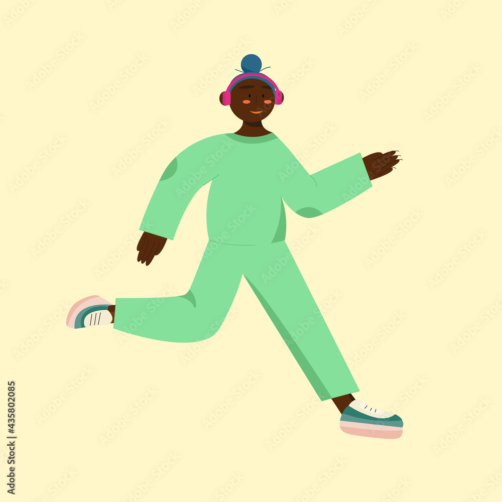 Obraz premium Afro american black skin girl runs in bright clothes with headphones 