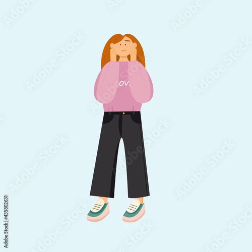 A girl with red hair with hands on her face is upset in bright clothes. Vector flat illustration
