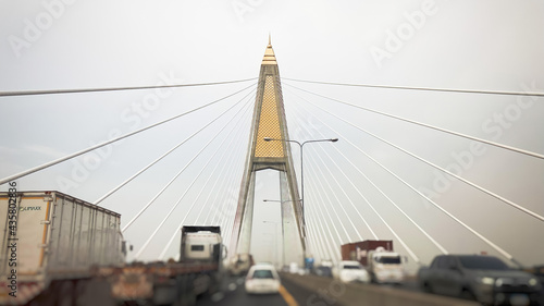 Wide angle & Blured, Kanchanaphisek Bridge while the car was running across ,The Chao Phraya River, Bangkok photo