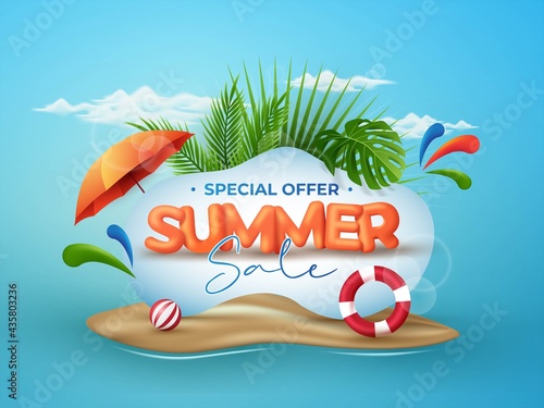 Summer sale banner background design with 3d text of "SUMMER" and colorful tropical elements on blue beach background. Vector illustration