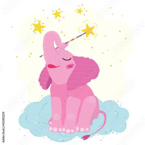 Cute elephant sitting on a cloud. Magic wand  stars. Pink baby elephant. Cute children s poster. Vector hand drawn illustration. nursery poster.