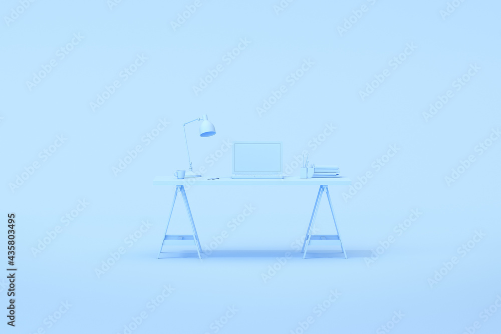 3d rendering of workspace desk table with laptop and office accessories. 3d rendering of workspace desk table with laptop and office accessories.