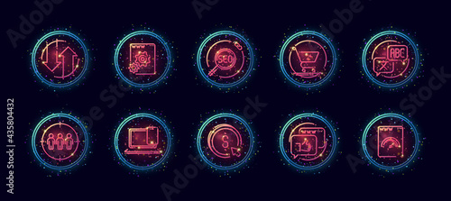 10 in 1 vector icons set related to seo link optimization theme. Lineart vector icons in geometric neon glow style with particles