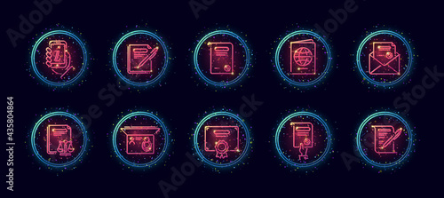 10 in 1 vector icons set related to legal document theme. Lineart vector icons in geometric neon glow style with particles
