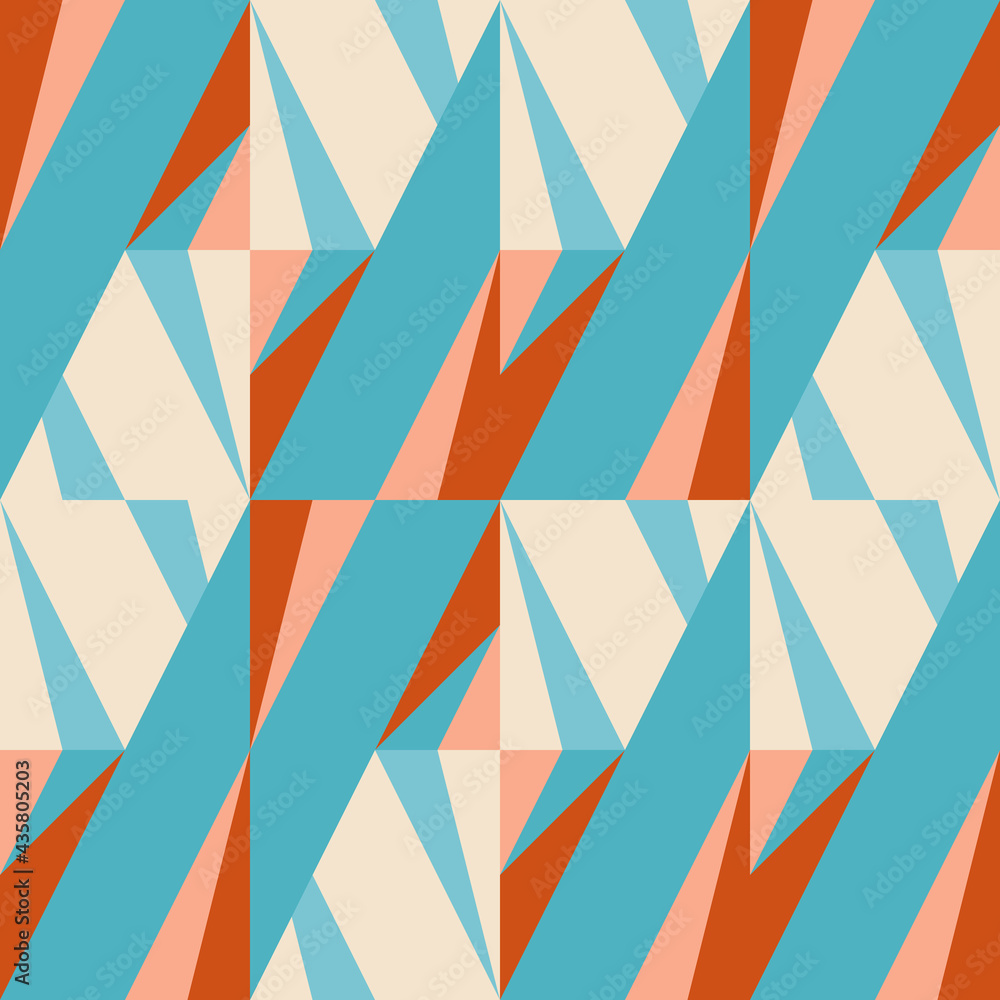 Modern vector abstract geometric background with triangles, rectangles, squares and chevrons in retro scandinavian style. Pastel colored simple shapes graphic seamless pattern.