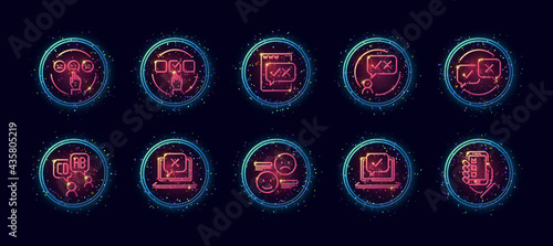 10 in 1 vector icons set related to business survey theme. Lineart vector icons in geometric neon glow style with particles