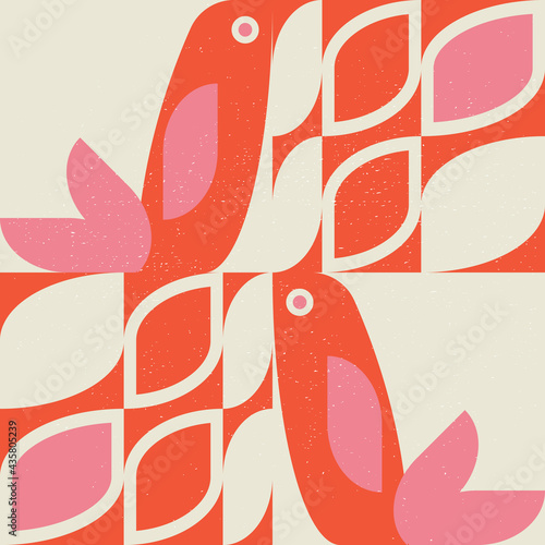 Abstract geometric retro inspired vector seamless pattern.Stylized bird, leaves and flowers in pastel colors. Simple background in traditional decorative folk art scandinavian style.Isolated texture