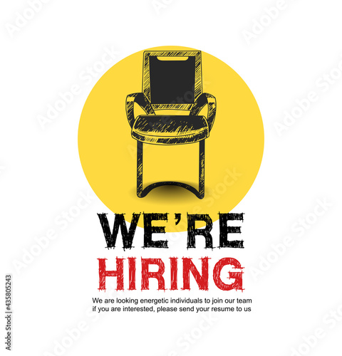 We are hiring concept design with empty chair office yellow round background means to be filled