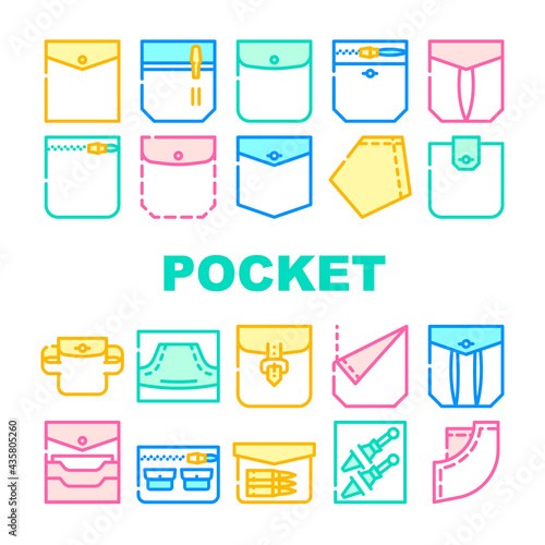 Patch Pocket Clothes Collection Icons Set Vector. Pocket With Clasp And Button For Storage Bullet And Knife, Credit Cards And Coins, Concept Linear Pictograms. Contour Color Illustrations