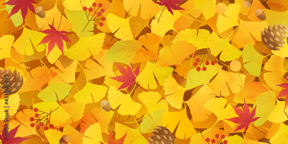 イチョウと紅葉と松ぼっくりなどの秋のベクターイラスト背景 落ち葉 どんぐり 絨毯 Stock ベクター Adobe Stock