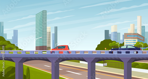 Elevated road junction and interchange overpass. City landscape with highways. Current traffic in modern city. Road infographics with highway with city transport. Roadway on background of skyscrapers