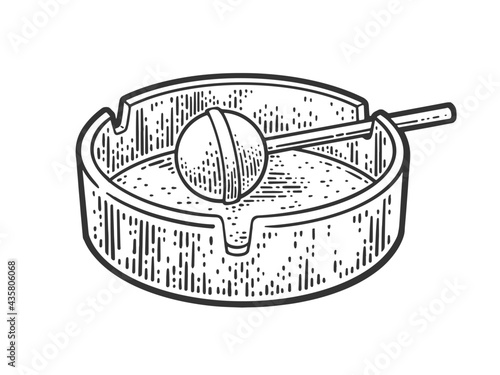 lollipop candy on stick in ashtray line art sketch engraving vector illustration. T-shirt apparel print design. Scratch board imitation. Black and white hand drawn image.