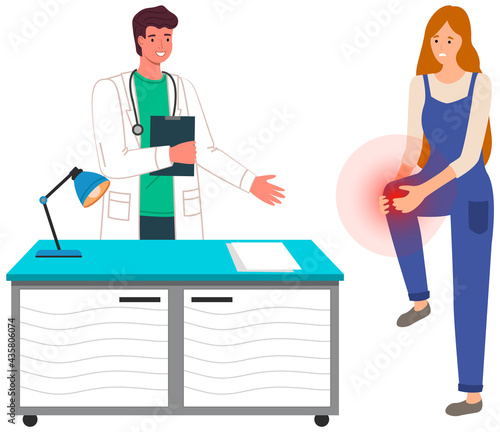 Woman with knee pain at hospital. Physician communicate with patient in office of doctor. Person complains to traumatologist about painful sensations in leg joint. Girl feeling pain in her knee