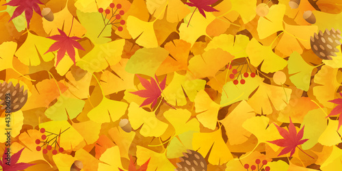 イチョウと紅葉と松ぼっくりなどの秋のベクターイラスト背景(落ち葉、どんぐり、絨毯)