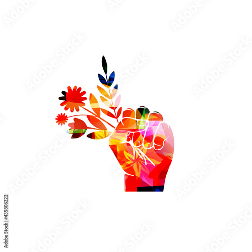 Ecology, environmentally themed poster, nature protection concept. Colorful fist with leaves and flowers vector illustration. Ecology protest
