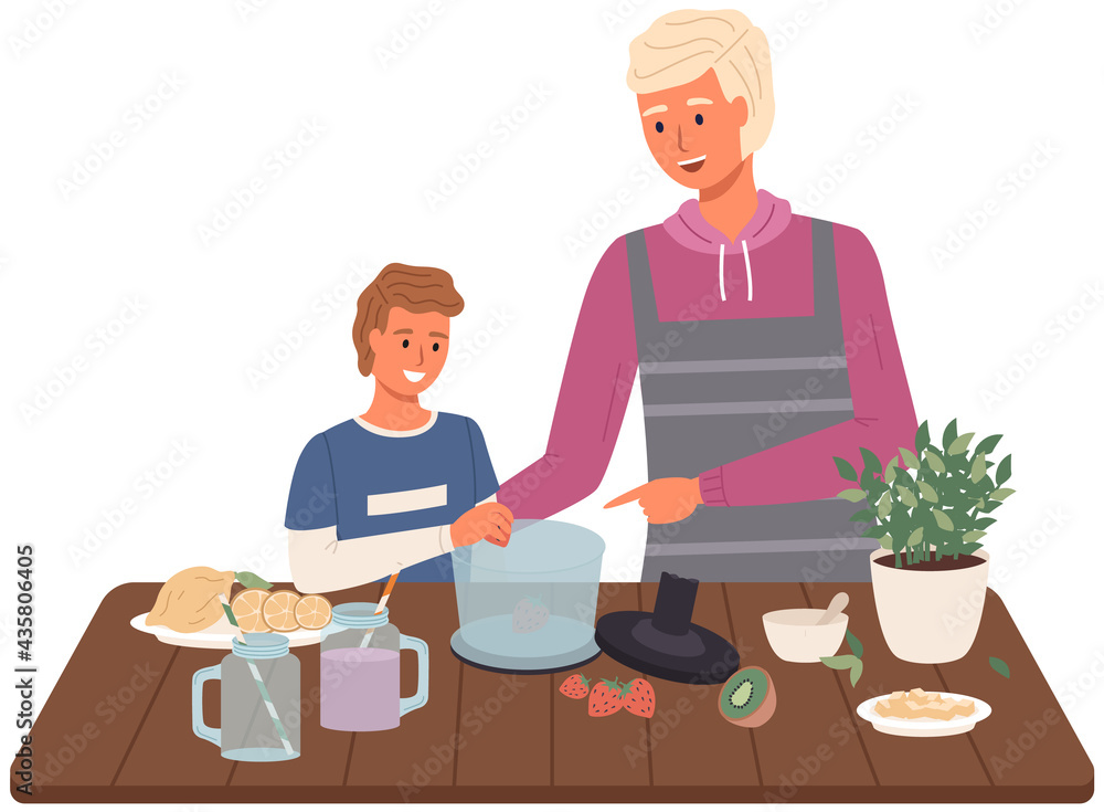 Father and son are cooking smoothie in blender. Proper nutrition, healthy lifestyle and vegetarianism concept. Process of cooking vegetarian drink. Male characters mix fruits for healthy drink
