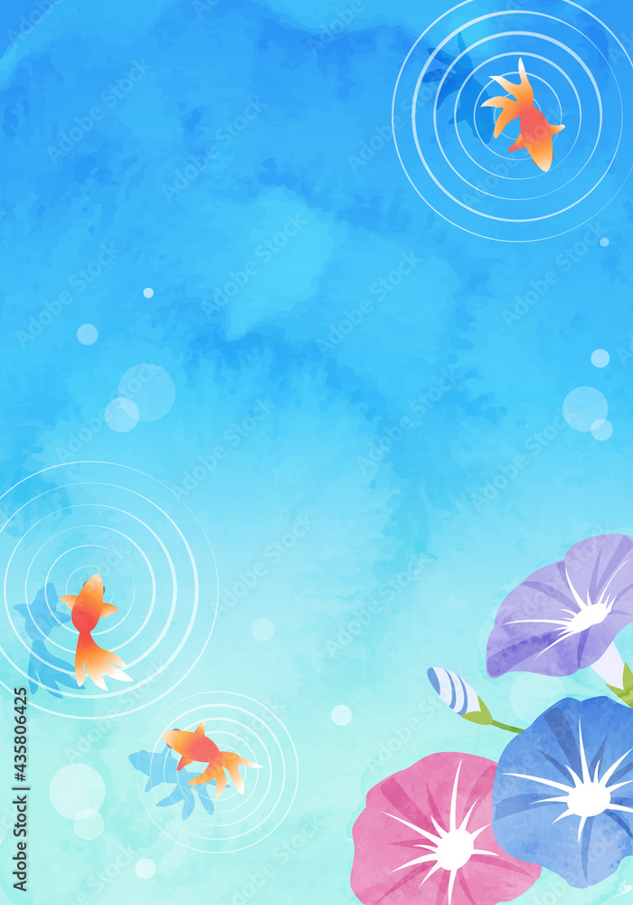 夏の朝顔と金魚の爽やかな水彩のベクターイラスト背景(フレーム)