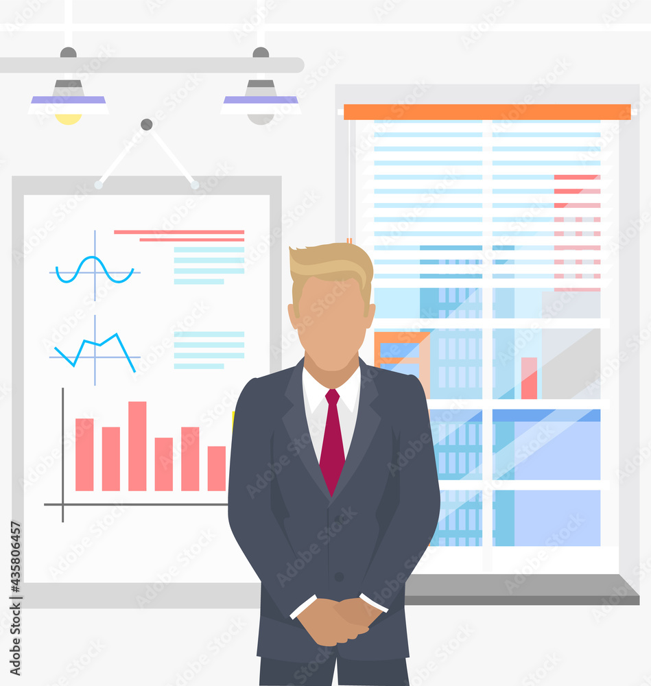 Man financial analyst. Professional businessman analyzing business growth by statistical dashboard. Marketing research concept flat design with person standing near broadsheet with success diagram Man financial analyst. Professional businessman analyzing business growth by statistical dashboard. Marketing research concept flat design with person standing near broadsheet with success diagram