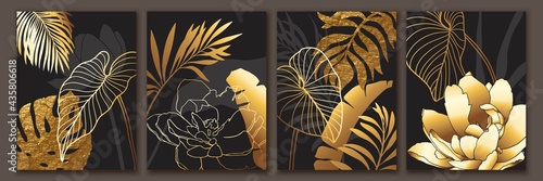 Luxury botanical art background. Tropical leaves, flowers gold wallpaper. Modern chic mural design